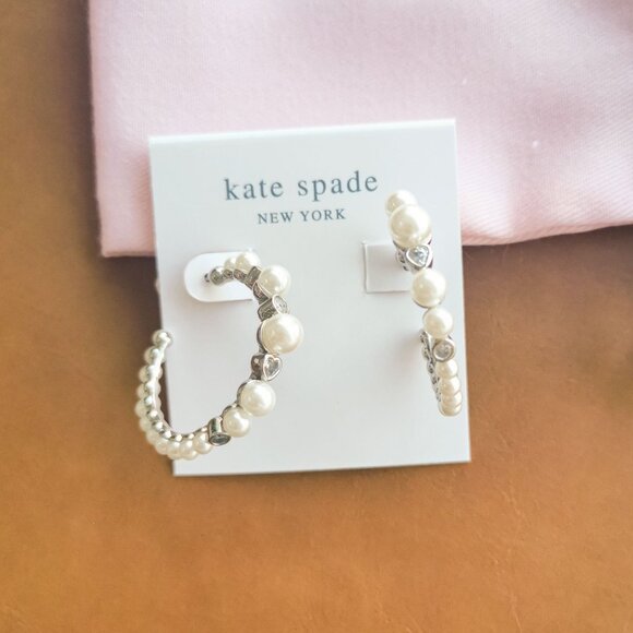 Kate Spade Pearl Caviar Silver Hoop Earrings Trendy Jewelry - Picture 1 of 3